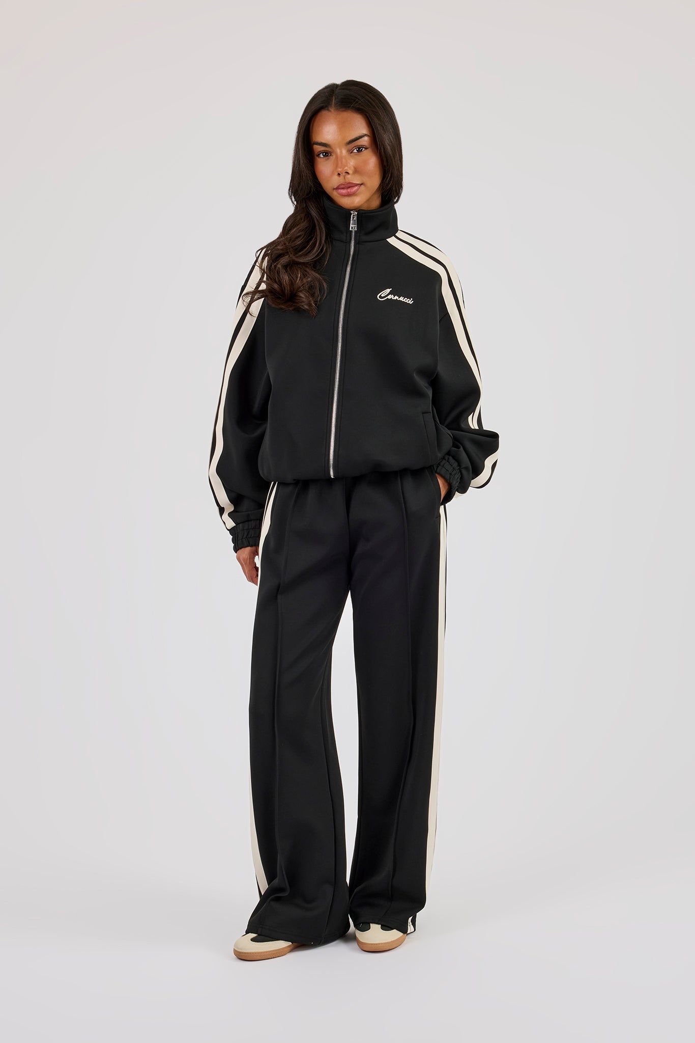 Funnel Neck Taping Jacket & Wide Leg Jogger - Black