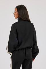 Funnel Neck Taping Zip Through Track Jacket - Black