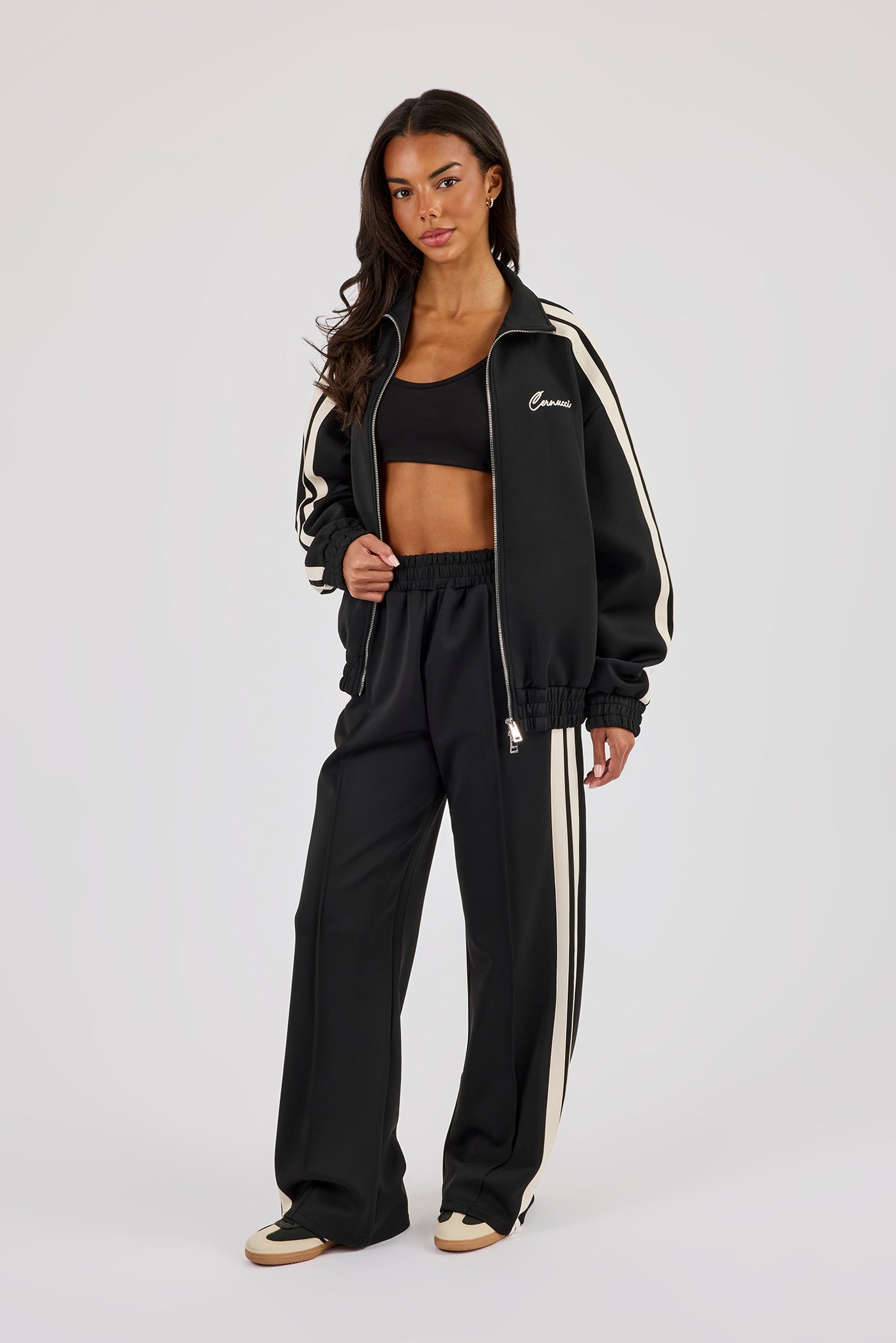 Funnel Neck Taping Jacket & Wide Leg Jogger - Black