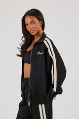Funnel Neck Taping Zip Through Track Jacket - Black