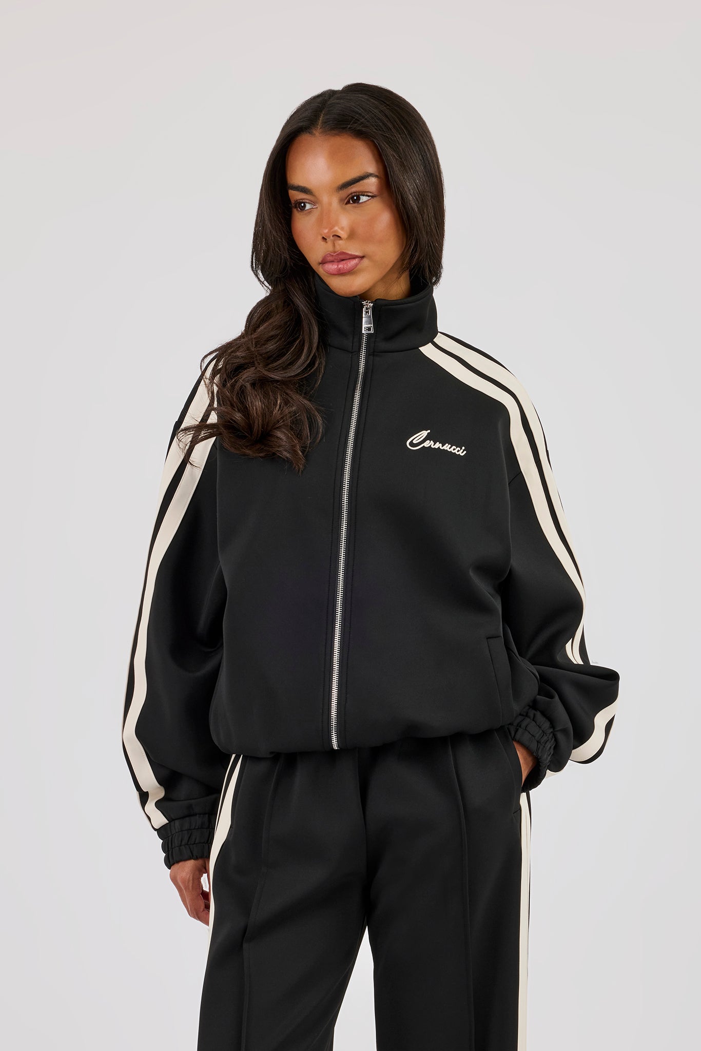 Funnel Neck Taping Zip Through Track Jacket - Black