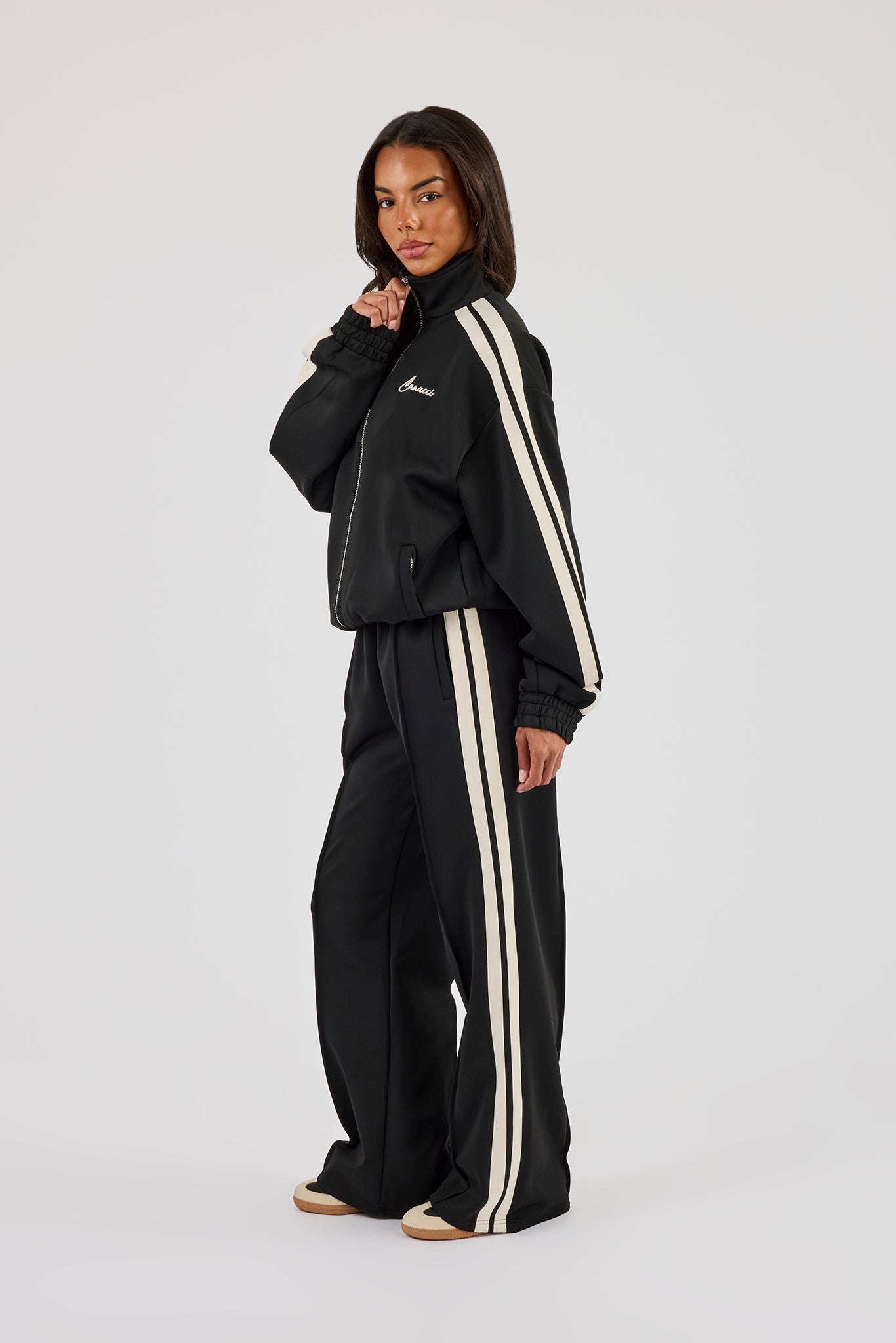 Funnel Neck Taping Zip Through Track Jacket - Black