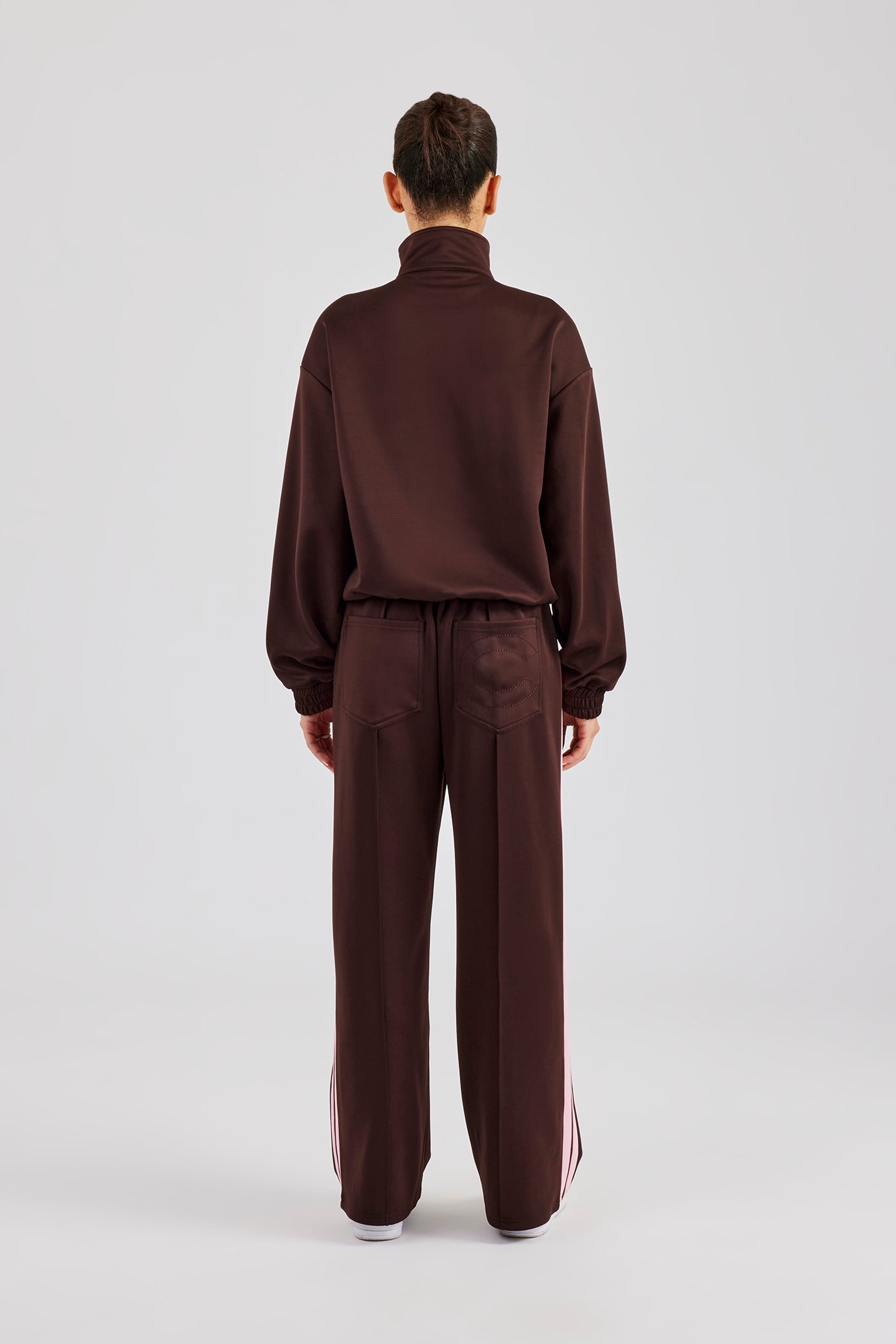 Funnel Neck Pink Taping Zip Through Tracksuit - Chocolate | Womens