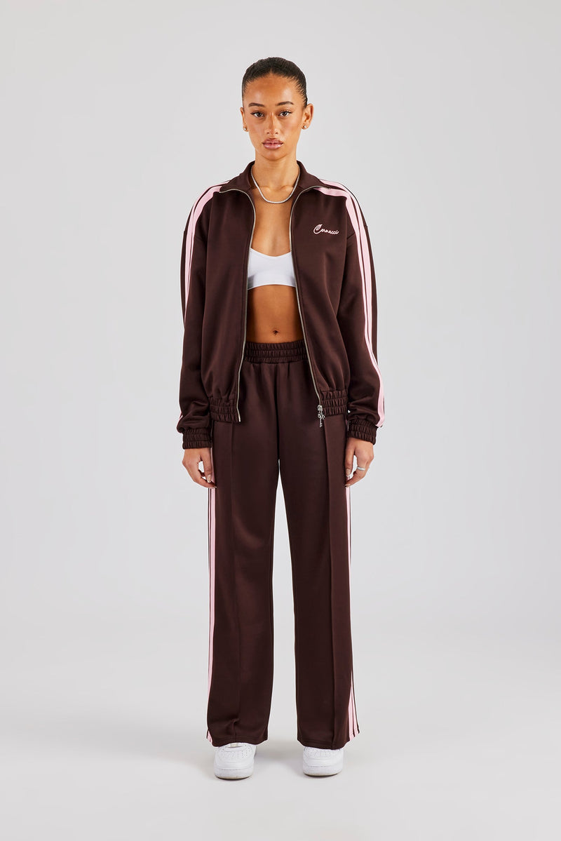 Funnel Neck Pink Taping Zip Through Tracksuit - Chocolate