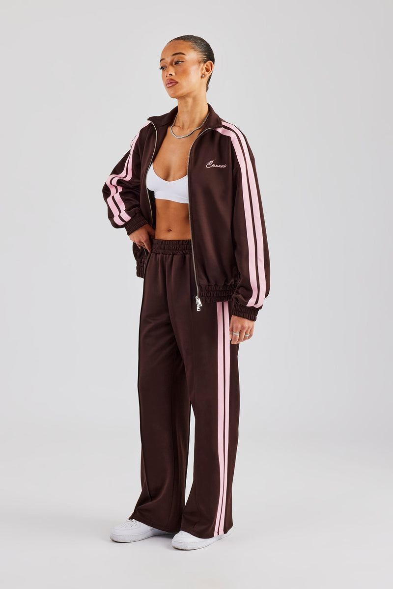 Funnel Neck Pink Taping Zip Through Tracksuit - Chocolate