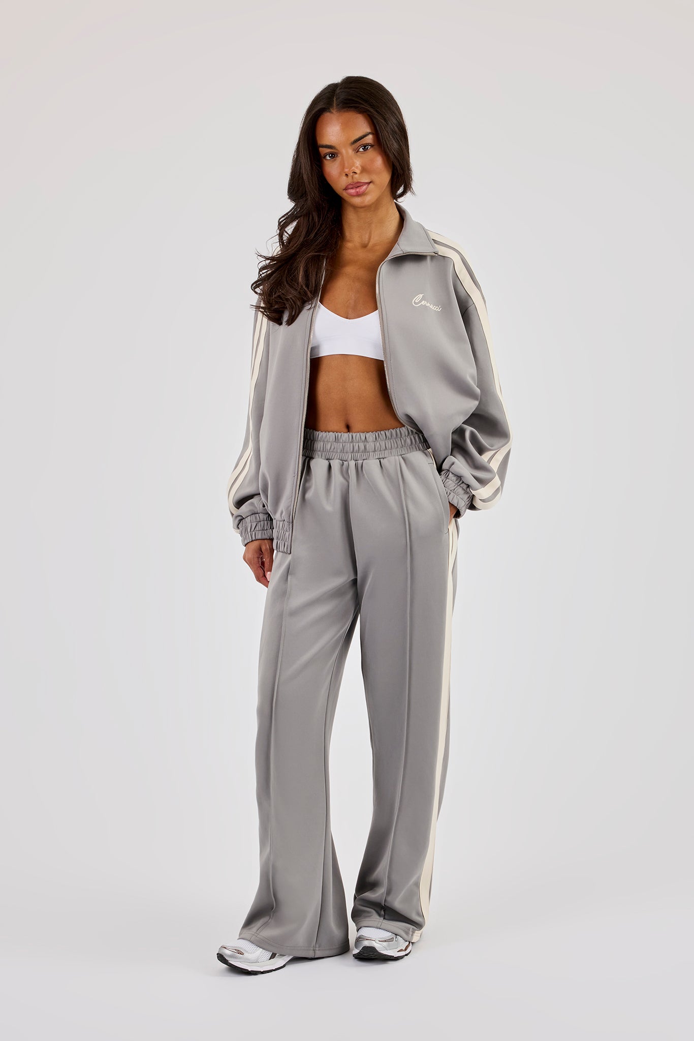 Funnel Neck Taping Zip Through Tracksuit - Grey | Womens Sets