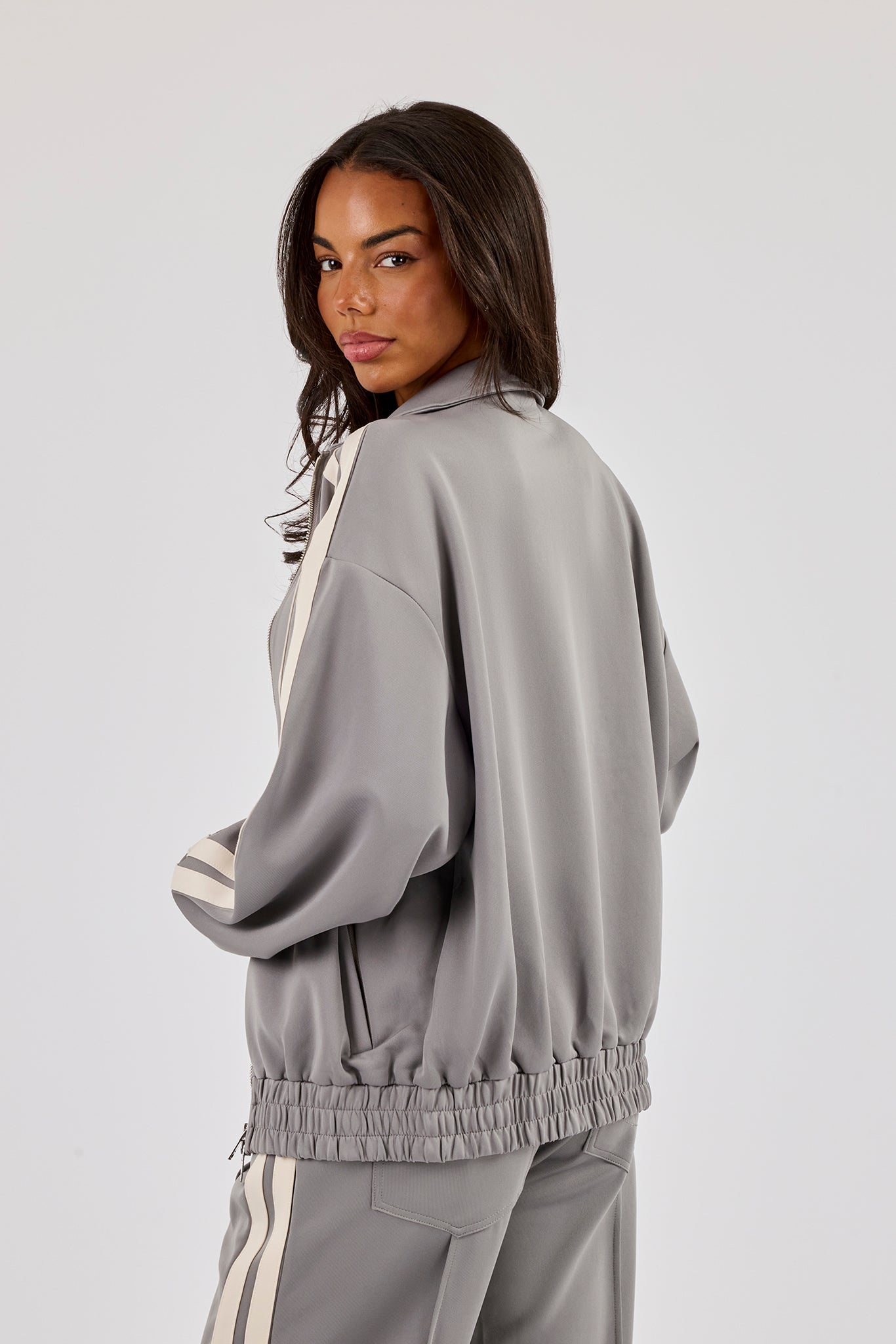 Funnel Neck Taping Zip Through Track Jacket - Grey