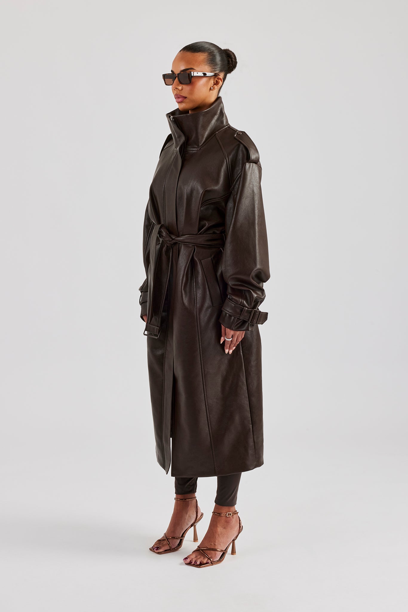 Ladies Faux Leather Trench Coat - Chocolate | Womens Outerwear