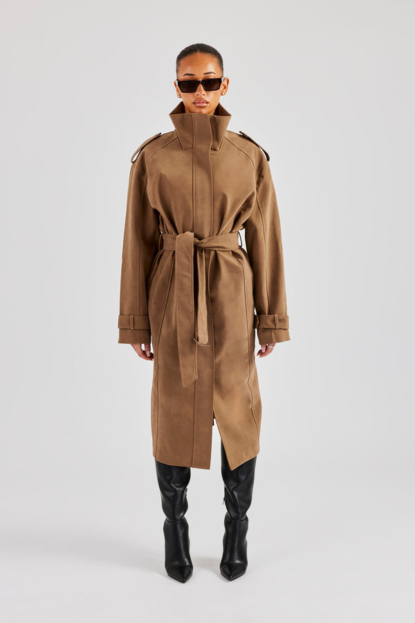 Ladies Faux Suede Trench Coat - Tan