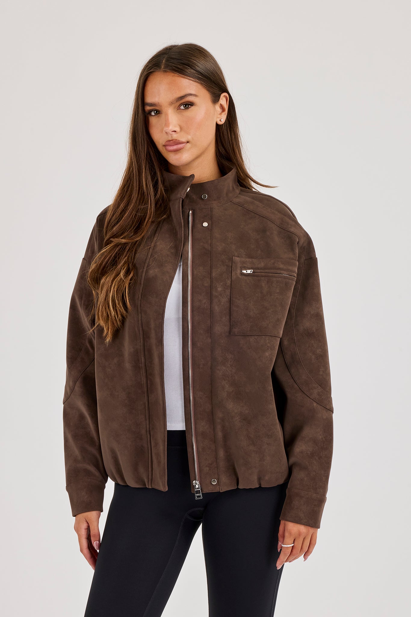 Suede Funnel Neck Jacket - Chocolate