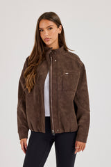 Suede Funnel Neck Jacket - Chocolate