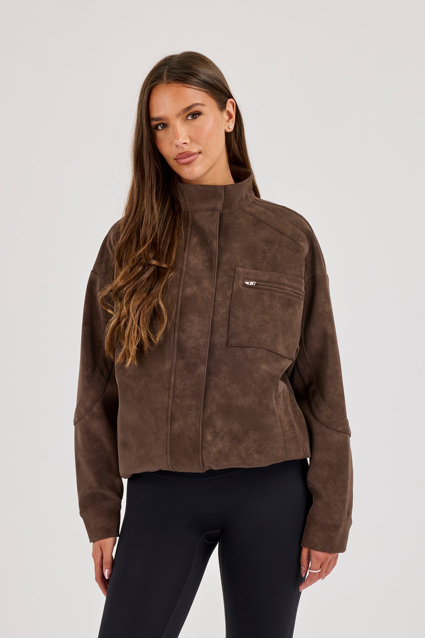 Suede Funnel Neck Jacket - Chocolate
