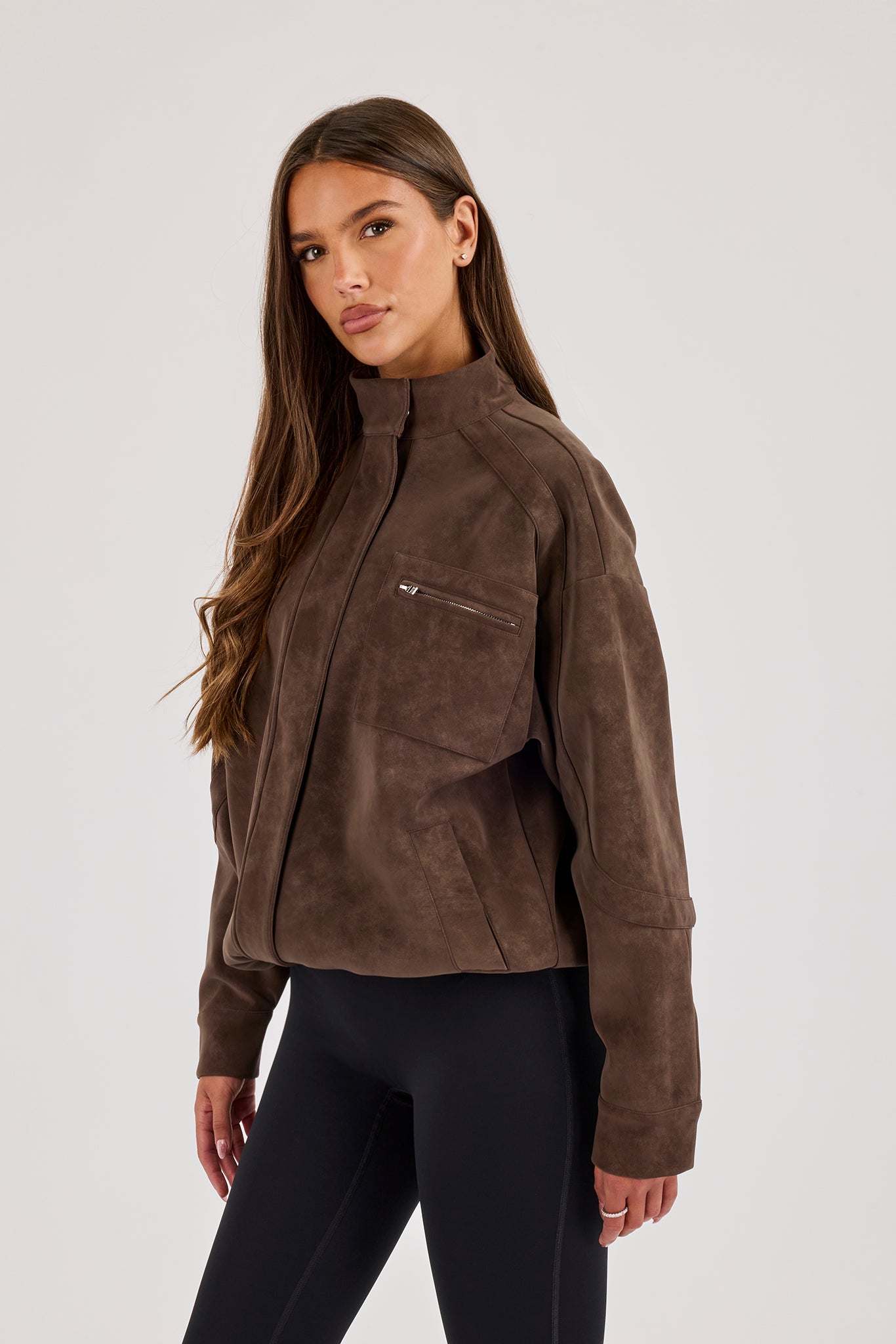 Suede Funnel Neck Jacket - Chocolate