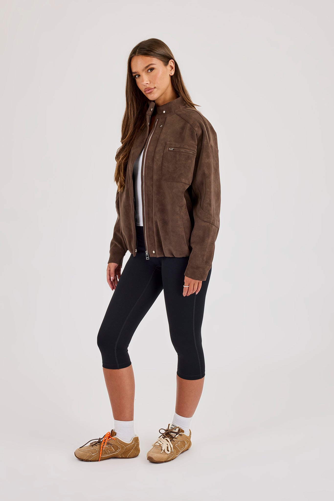 Suede Funnel Neck Jacket - Chocolate