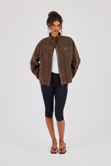 Suede Funnel Neck Jacket - Chocolate
