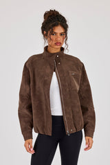 Suede Funnel Neck Jacket - Chocolate