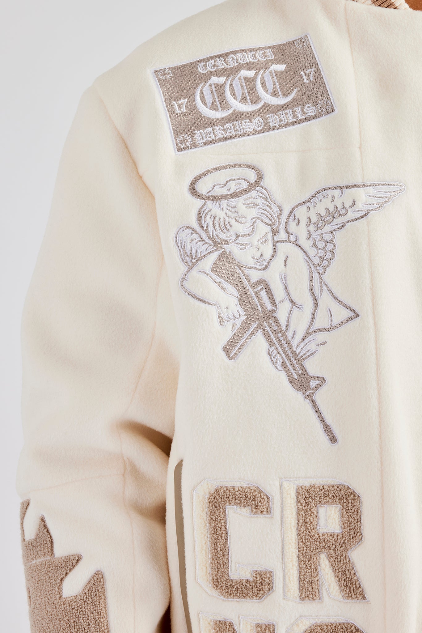 Badge Varsity Bomber Jacket - Off White – Cernucci US