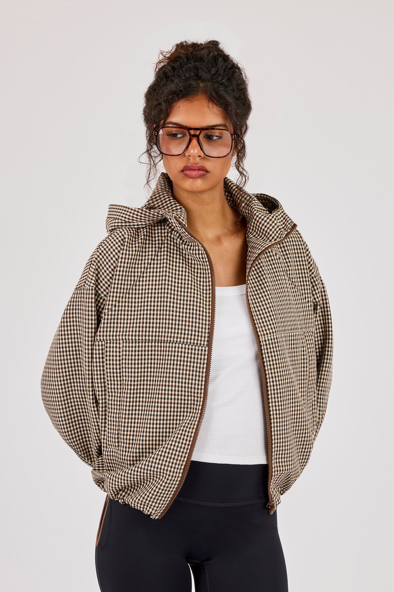 Check Twill Hooded Jacket - Brown
