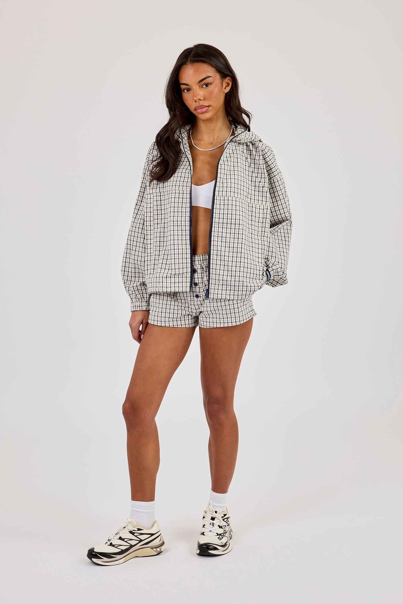 Check Nylon Zip Hooded Jacket & Check Button Short - Off White