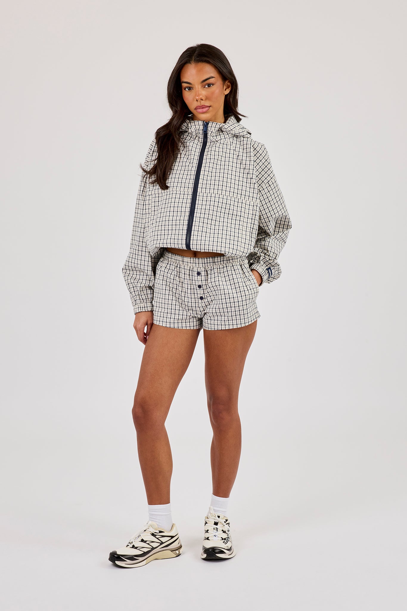 Check Nylon Zip Hooded Jacket & Check Button Short - Off White