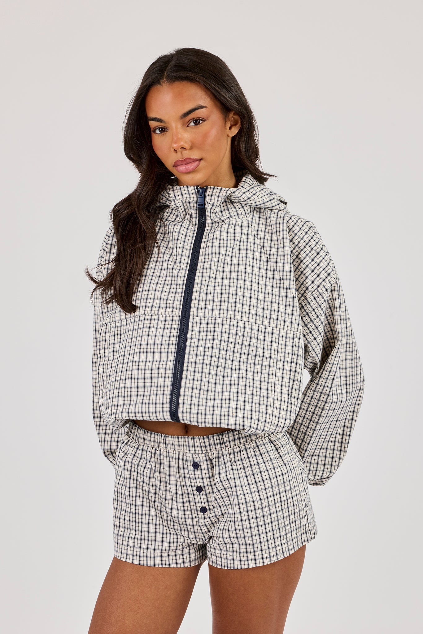 Check Nylon Zip Hooded Jacket - Off White