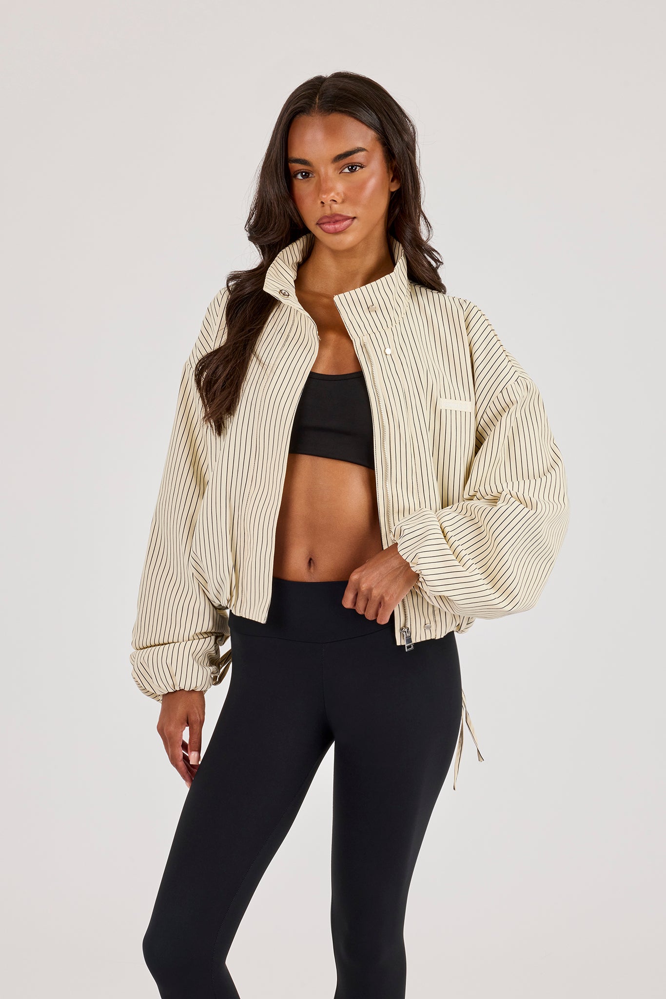 Stripe Nylon Funnel Neck Jacket - Butter Yellow