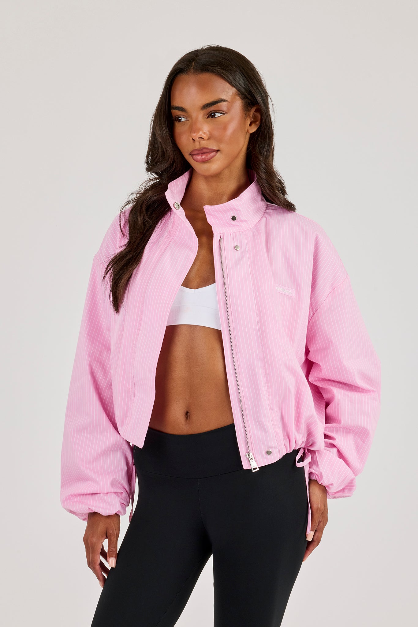 Stripe Nylon Funnel Neck Jacket - Pink