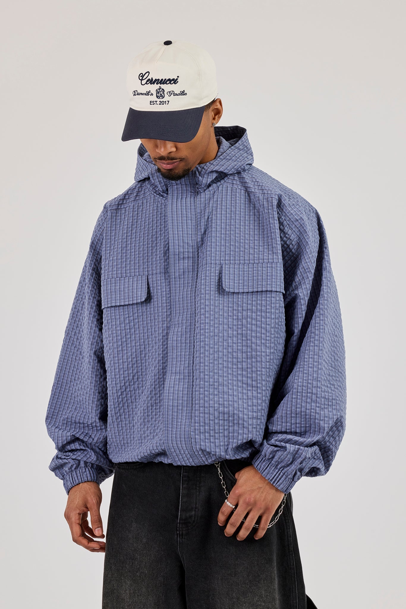 Nylon Check Hooded Windbreaker - Blue