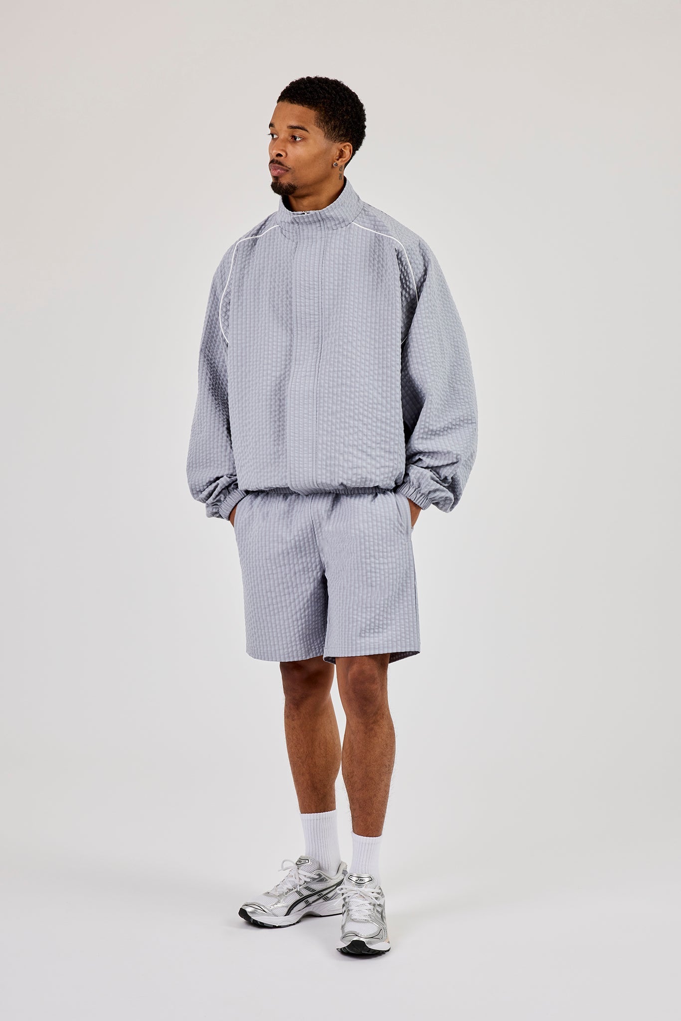 Oversized Nylon Check Funnel Neck Windbreaker & Short - Light Grey