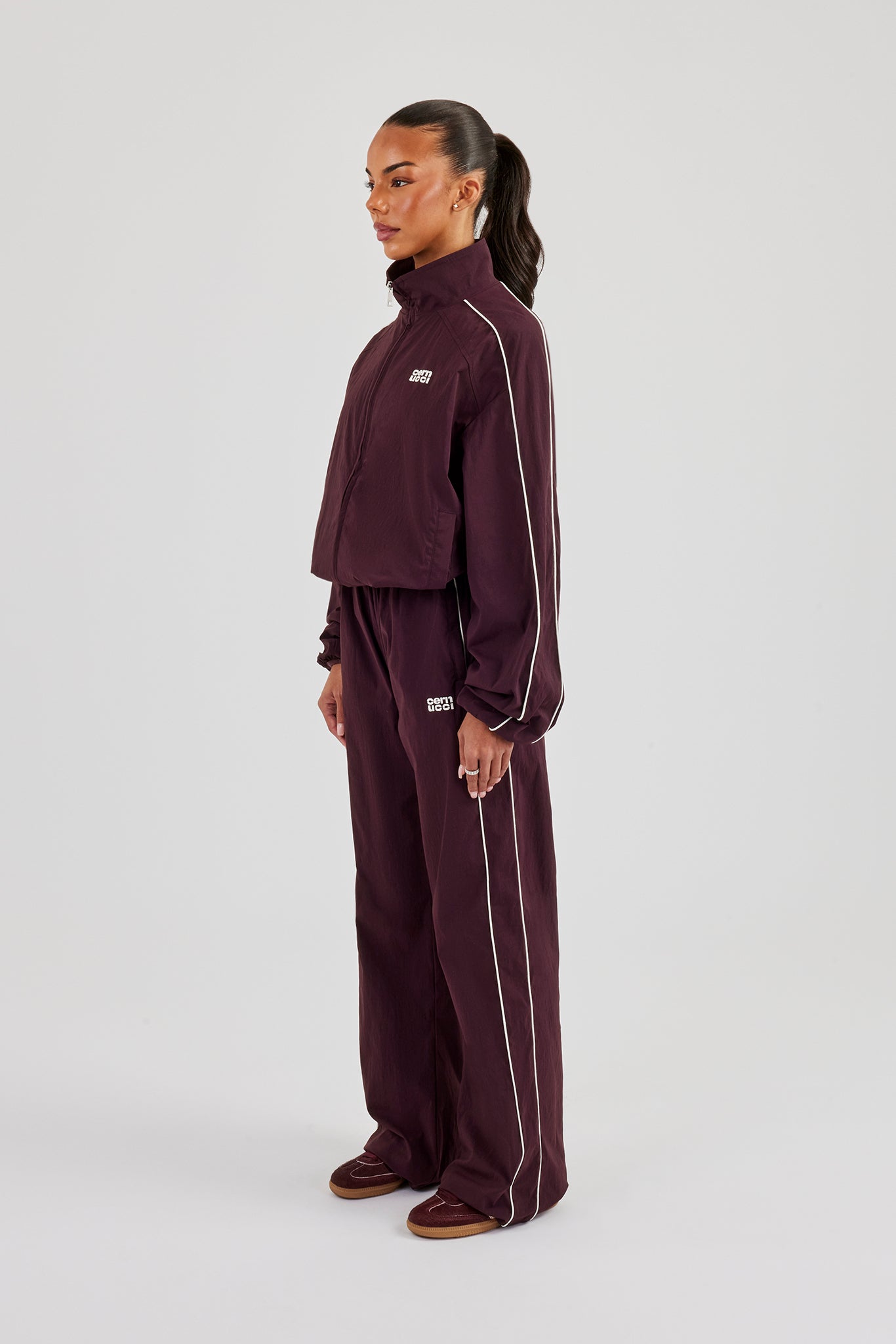 Nylon Piping Track Jacket & Wide Leg Track Pant - Burgundy