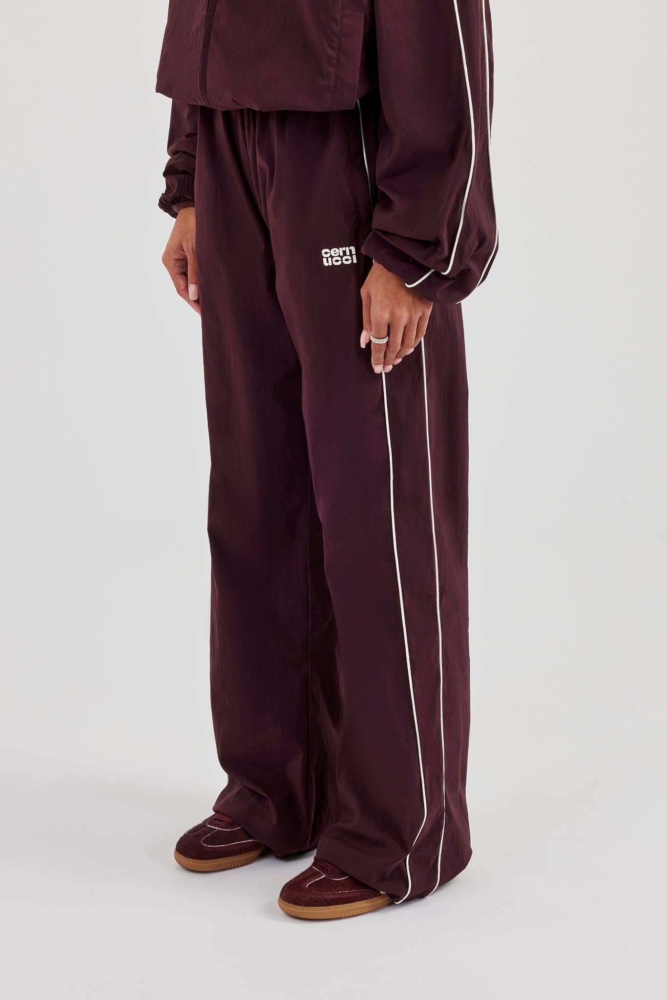 Nylon Piping Wide Leg Track Pant - Burgundy
