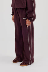 Nylon Piping Wide Leg Track Pant - Burgundy