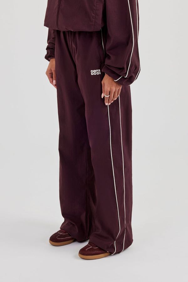 Nylon Piping Wide Leg Track Pant - Burgundy