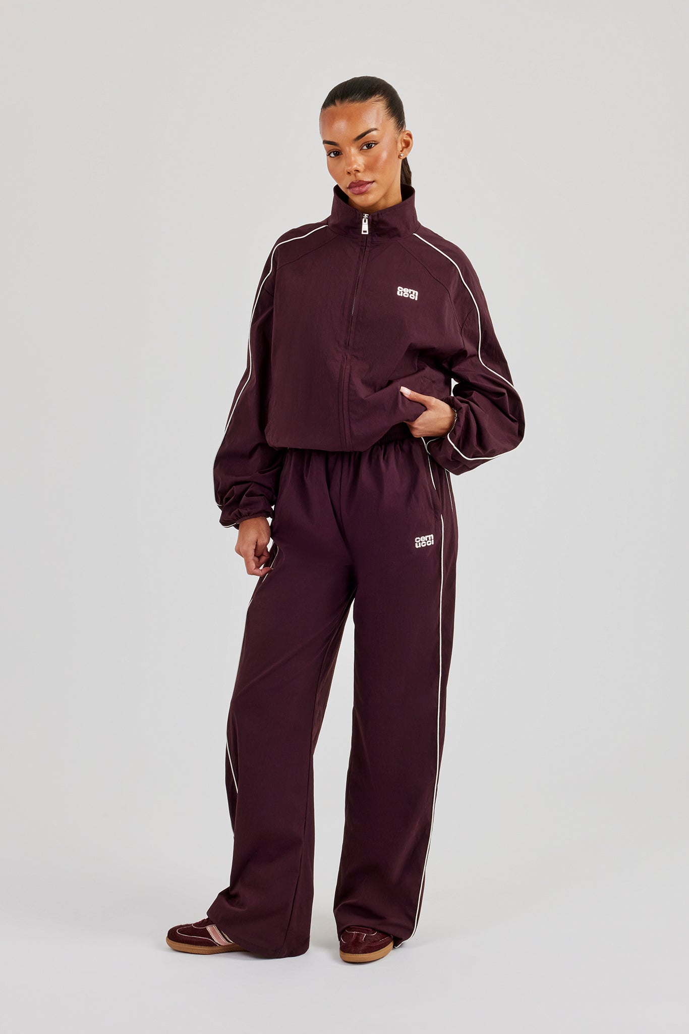 Nylon Piping Track Jacket & Wide Leg Track Pant - Burgundy