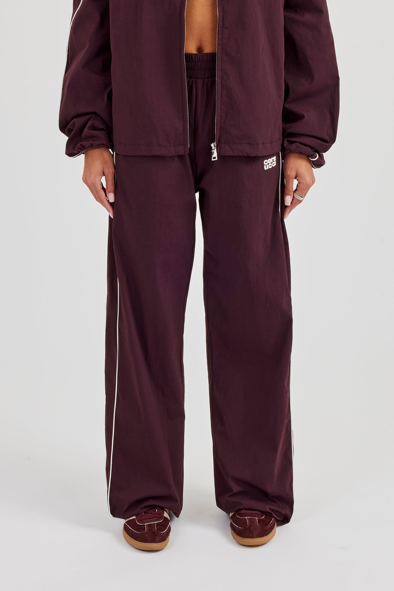 Nylon Piping Wide Leg Track Pant - Burgundy