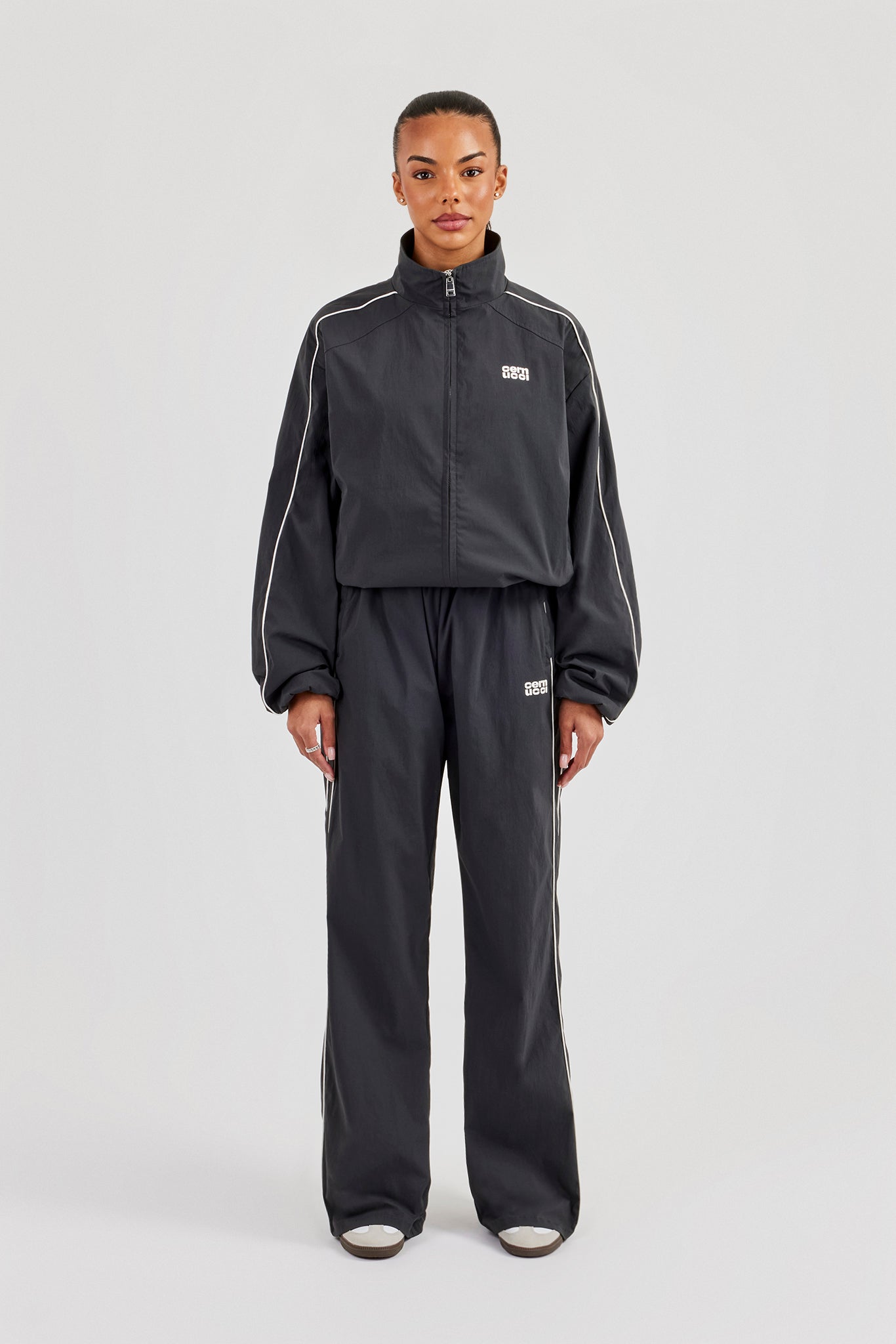 Nylon Piping Track Jacket & Wide Leg Track Pant - Charcoal