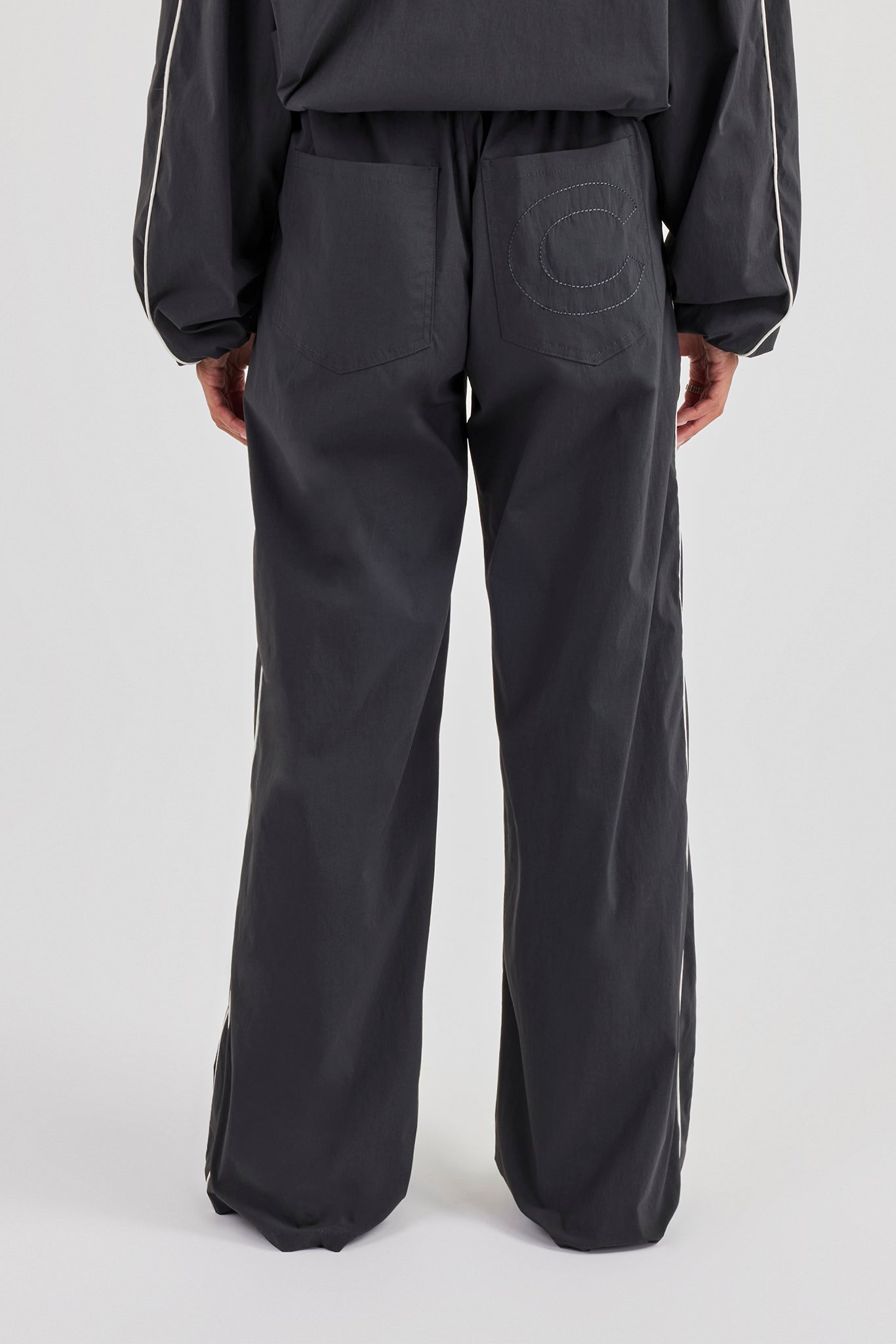 Nylon Piping Wide Leg Track Pant - Charcoal