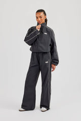 Nylon Piping Wide Leg Track Pant - Charcoal