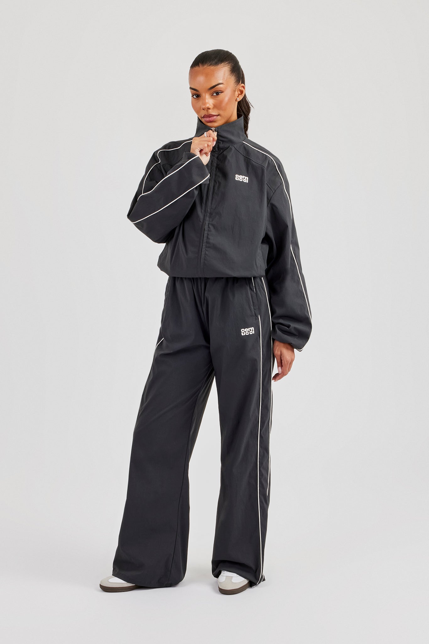 Nylon Piping Track Jacket - Charcoal | Womens Outerwear | Shop