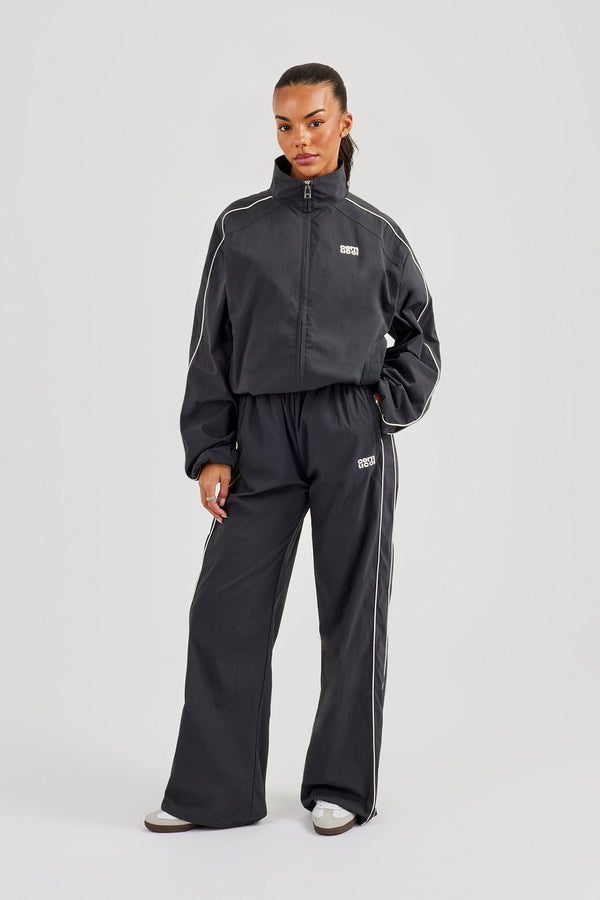 Nylon Piping Track Jacket & Wide Leg Track Pant - Charcoal