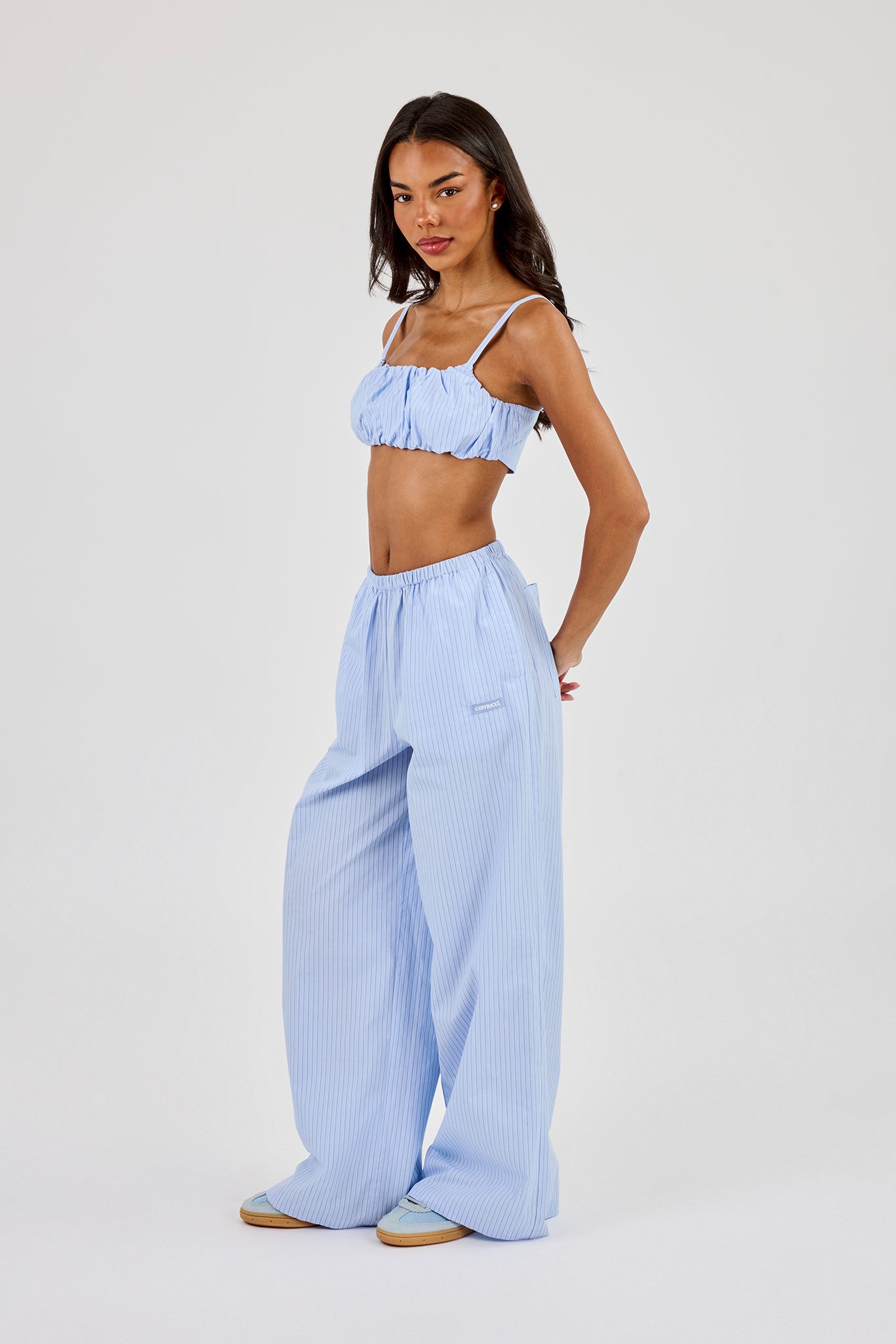 Nylon Striped Ruched Bralet & Wide Leg Trouser – Baby Blue