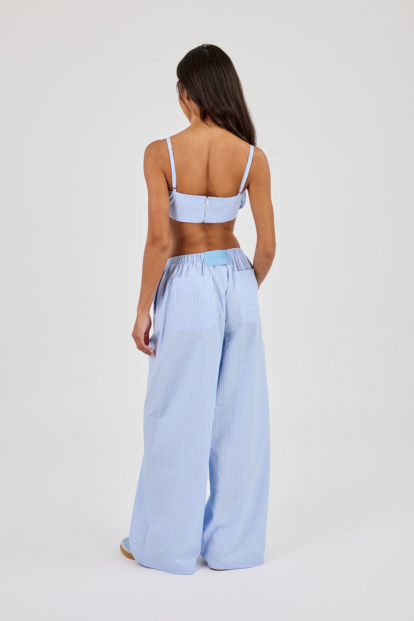 Nylon Striped Ruched Bralet & Wide Leg Trouser – Baby Blue