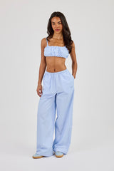 Nylon Striped Ruched Bralet & Wide Leg Trouser – Baby Blue