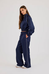 Satin Jacket With Piping & Trouser - Navy