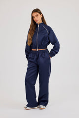 Satin Jacket With Piping - Navy