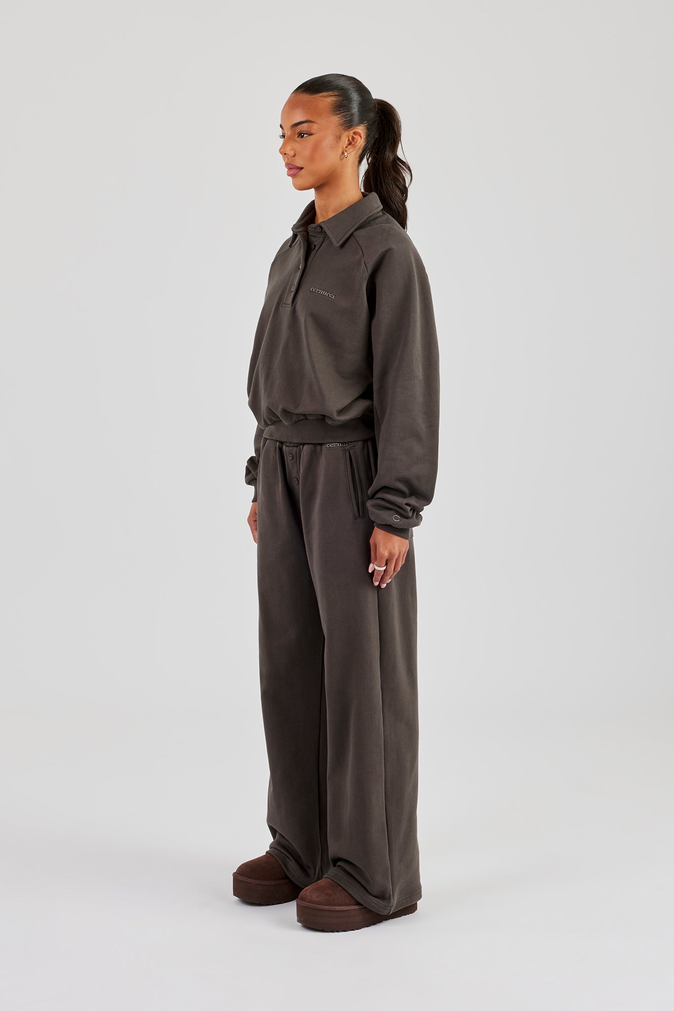 Polo Sweatshirt & Wide Leg Jogger - Coffee