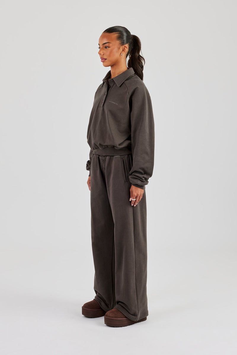 Polo Sweatshirt & Wide Leg Jogger - Coffee