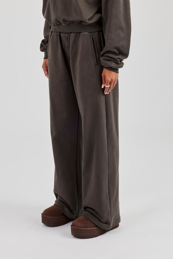 Buttoned Detail Wide Leg Jogger - Coffee