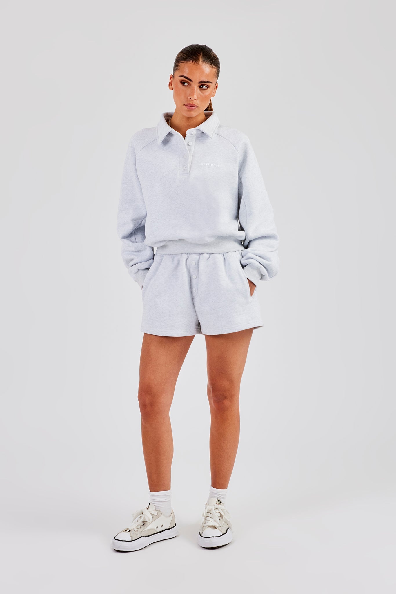 Polo Sweatshirt & Button Detail Short - Heather Grey