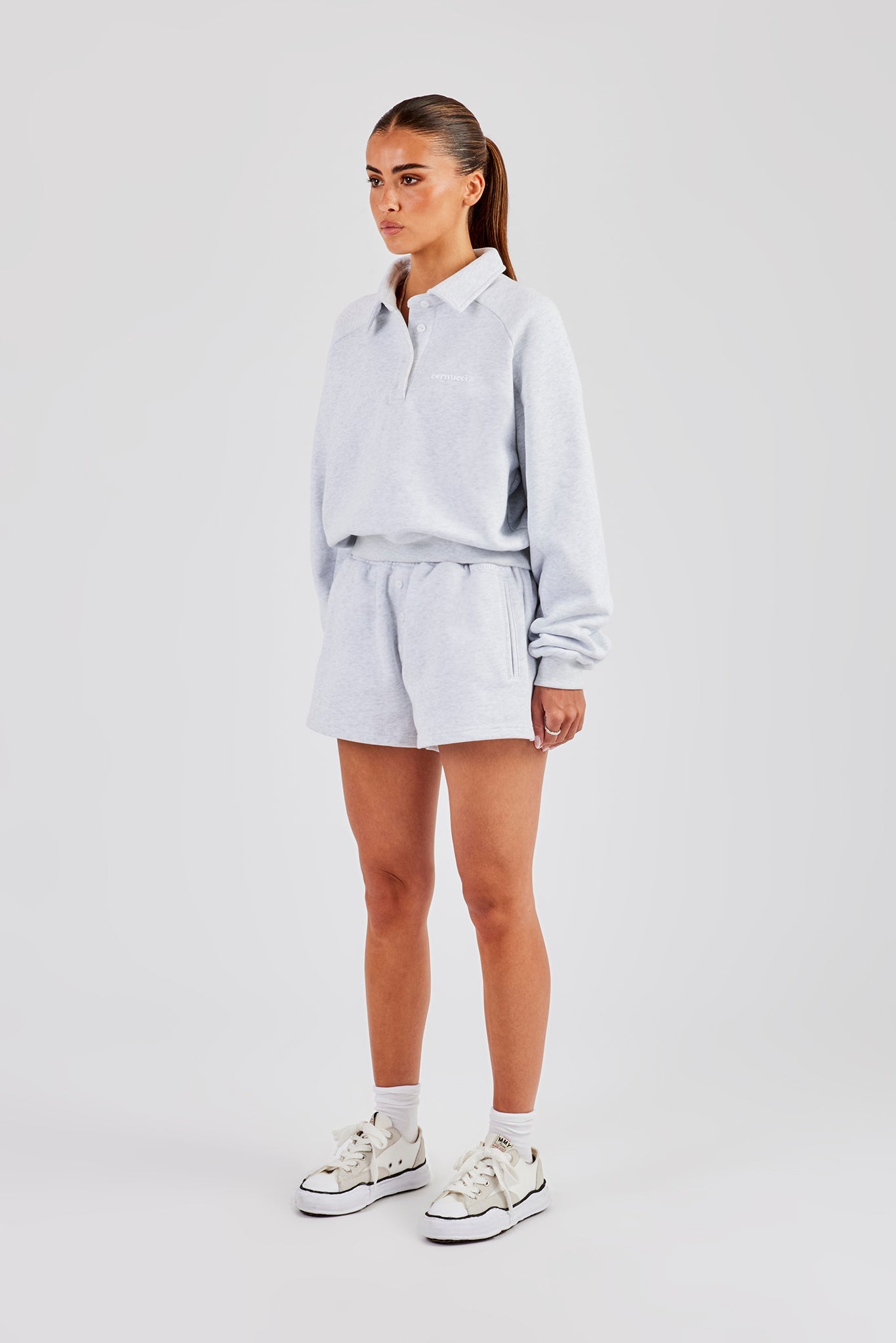 Polo Sweatshirt & Button Detail Short - Heather Grey